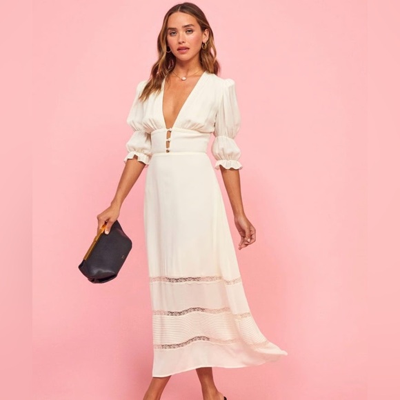 NEW NWT Reformation Ginny Lace Trim Georgette Midi Dress Ivory V-Neck - Picture 2 of 10